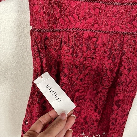 NWT Bardot Kira Red Button Front Lace Mini Dress Puff Sleeve V Neck Sz 2 - Picture 11 of 13